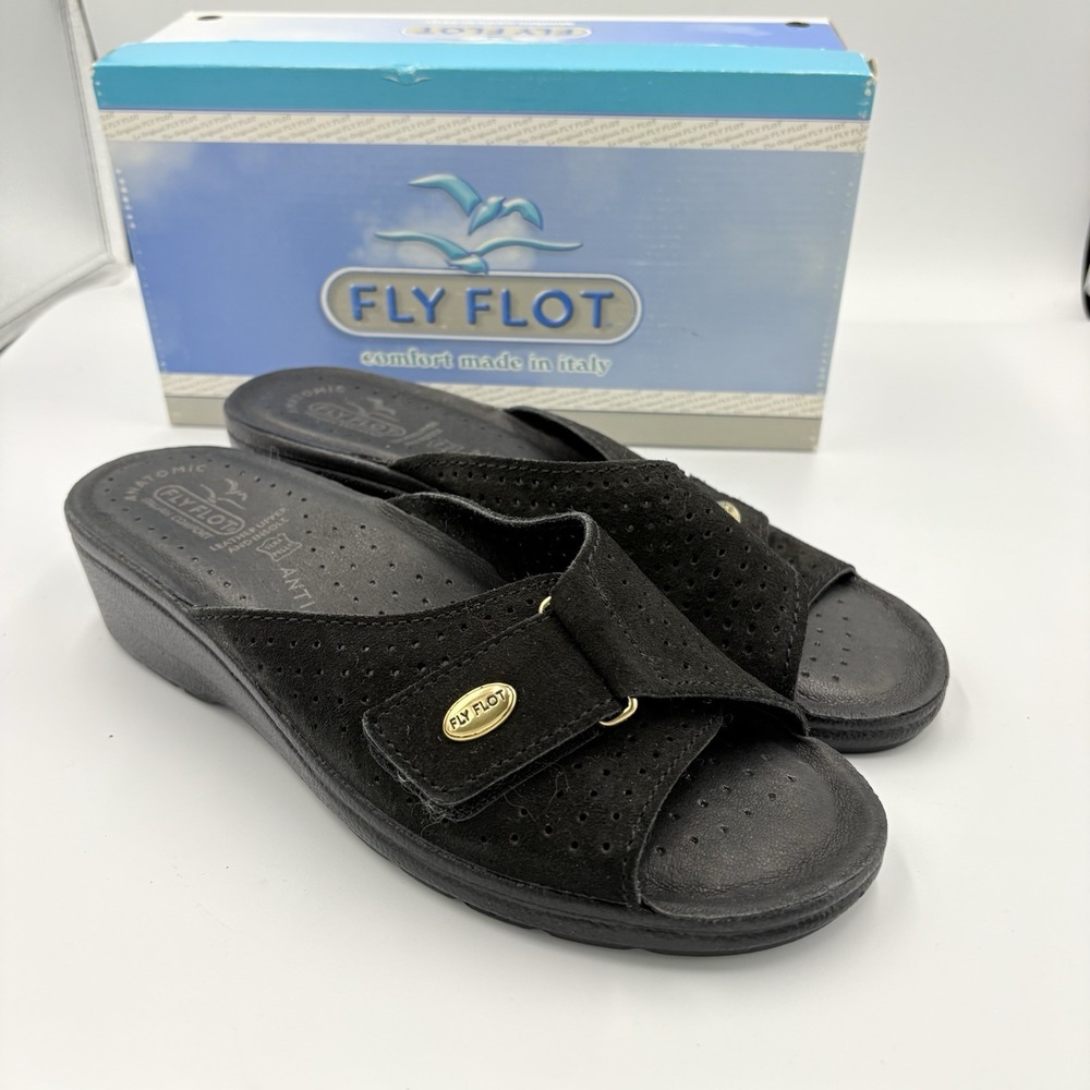 Womens FLY FLOT  Black Slip On Suede Anti Shock Italy Anatomical Sandals 41(10)